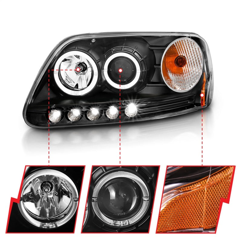 ANZO 111031 1997.5-2003 fits Ford F-150 Projector Headlights w/ Halo and LED Black 1pc