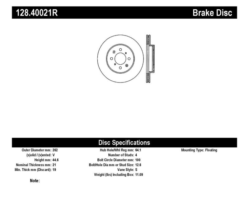 Stoptech 128.40021R 90-01 Integra (EXC Type R) / 90-05 Honda Civic Cross Drilled Right Front Rotor