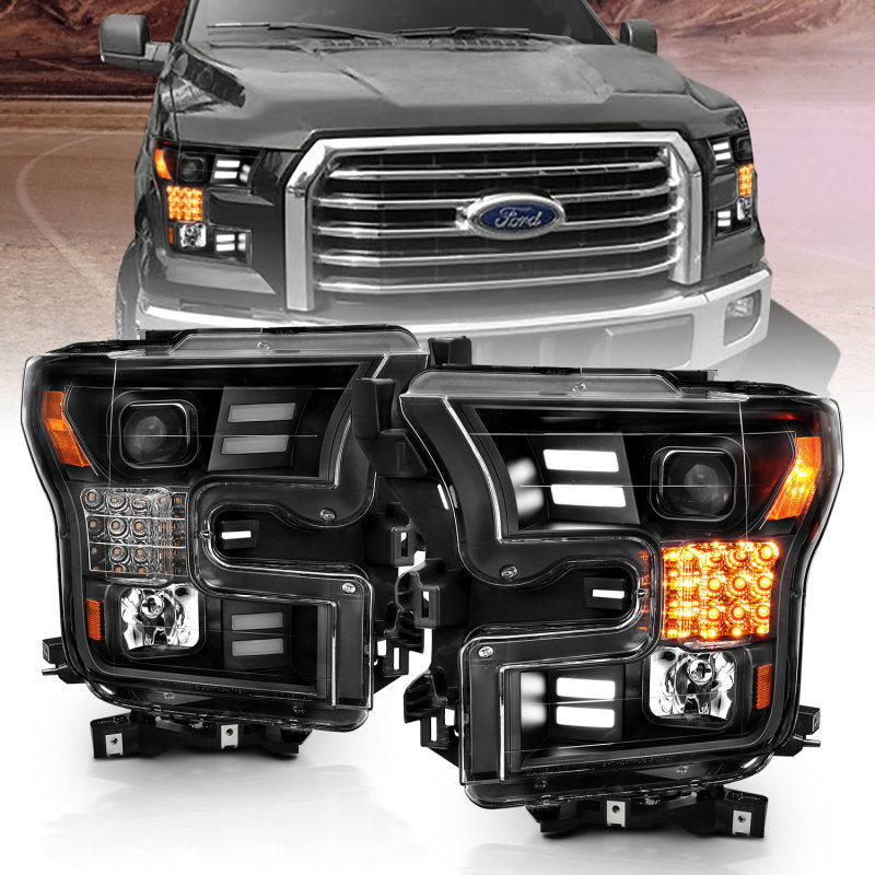 ANZO 111408 fits Ford 15-17 F-150 Project Headlights w/ Plank Style Design Black w/ Amber Sequential Turn Signal