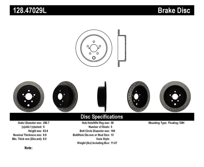 Stoptech 128.47029L 08-10 WRX Drilled Left Rear Rotor