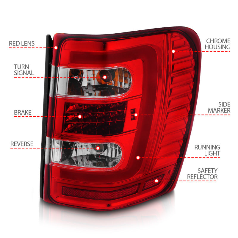 ANZO 311396 1904 fits Jeep 99-20 Grand Cherokee LED Tail Lights w/ Light Bar Chrome Housing Red/Clear Lens