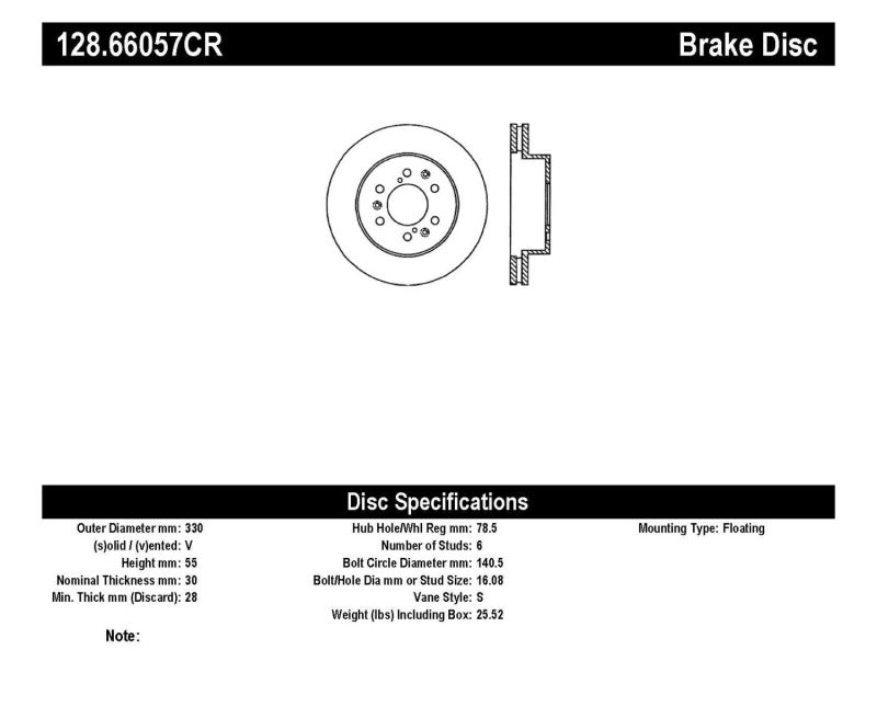 Stoptech 128.66057CR 07-11 GM Silverado 1500 Drilled Right Front Cryo Rotor