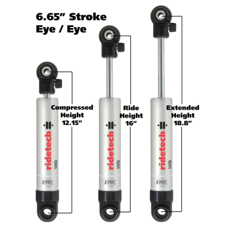 Ridetech 22179841 HQ Series Shock Absorber Single Adjustable 6.65in Stroke Eye/Eye Mounting 12.15in x 18.8in