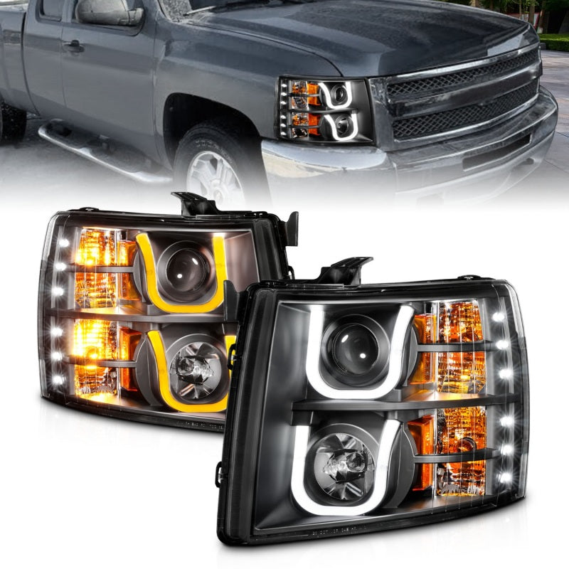 ANZO 111384 2013 fits Chevrolet 07-20 Silverado 1500/2500 Projector Headlights w/ U-Bar Switchback Black w/ Amber