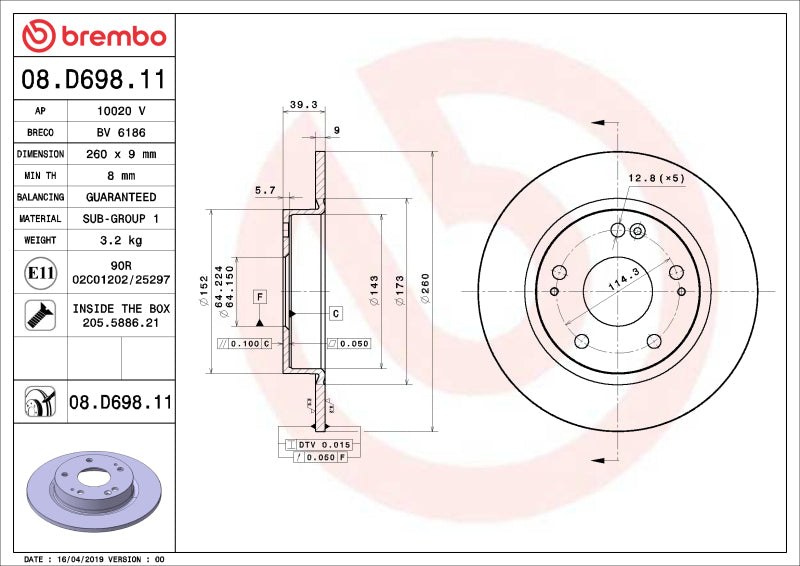 Brembo OE 08.D698.11 16 24 fits Honda Civic/19-22 Insight UV Coated Brake Disc -