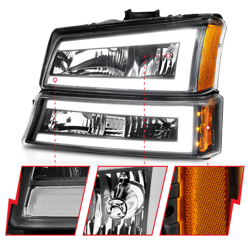 ANZO 111501 2006 fits Chevrolet 03-20 Silverado 1500 Crystal Headlights w/ Light Bar Black Housing