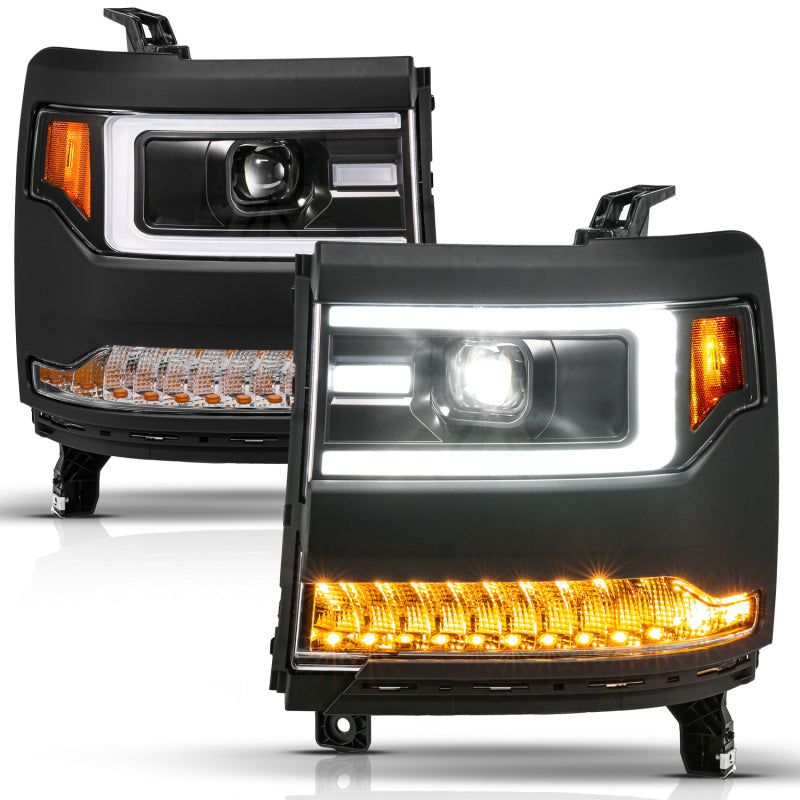 ANZO 111624A 16-18 fits Chevy Silverado1500 (Factory HID Models) LED Proj Light Bar Style Headlights Black - Pair