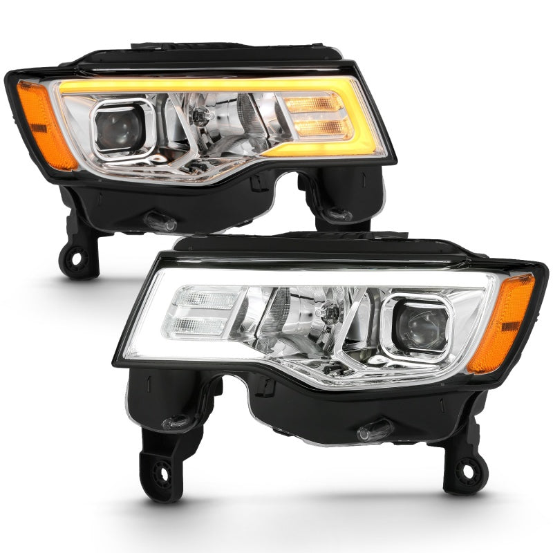 ANZO 111419 2018 fits Jeep 17-20 Grand Cherokee Projector Headlights w/ Plank Style Switchback - Chrome w/ Amber