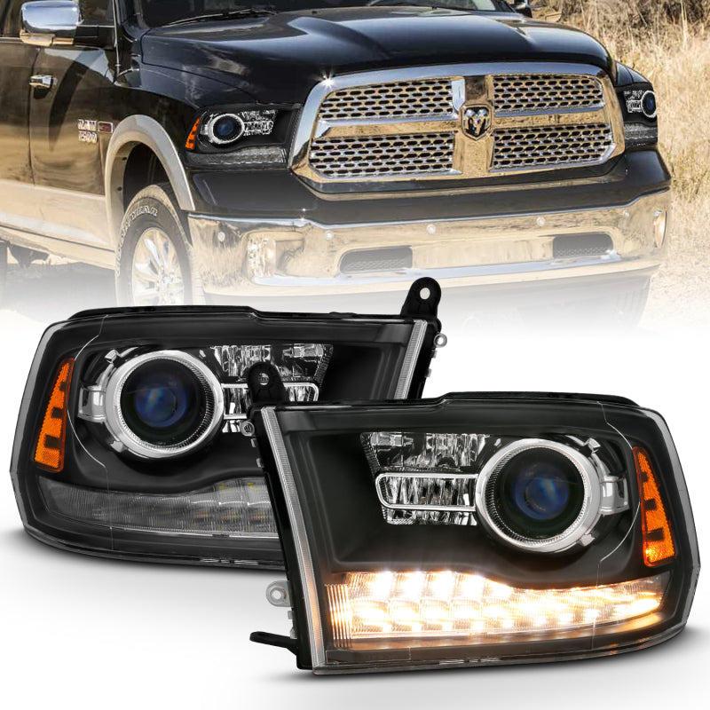 ANZO 111489 2018 fits Dodge 09-20 Ram 1500 Projector Headlights Plank Style Halo w/Switchback Matte Black