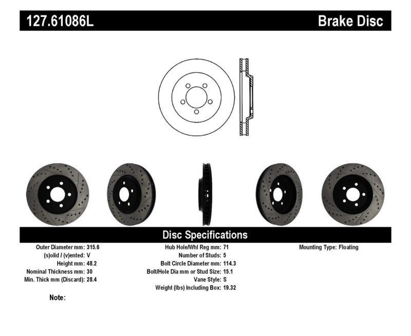 Stoptech 127.61086L 05-10 Ford Mustang GT Front Left Slotted & Drilled Rotor