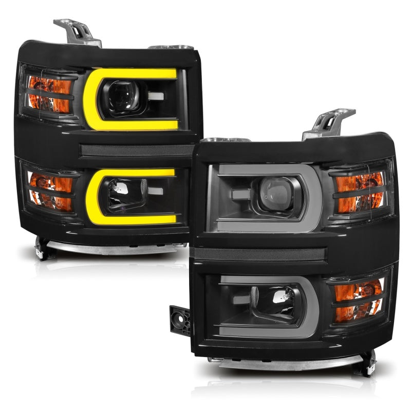 ANZO 111412 fits Chevrolet 14-15 Silverado 1500 Projector Headlights w/ Plank Style Switchback Black w/ Amber