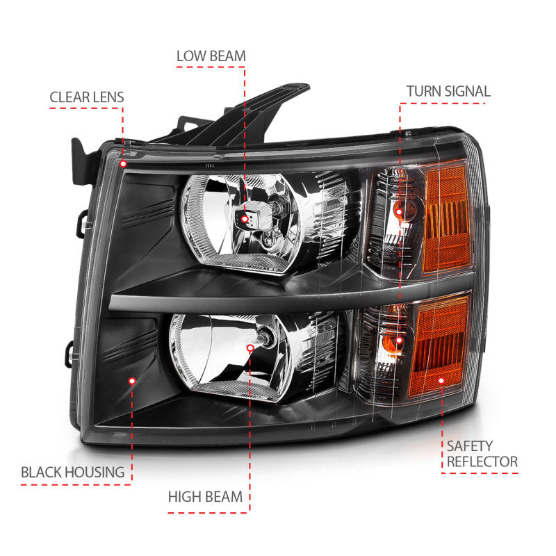 ANZO 111393 2013 fits Chevrolet 07-20 Silverado Crystal Headlights Black