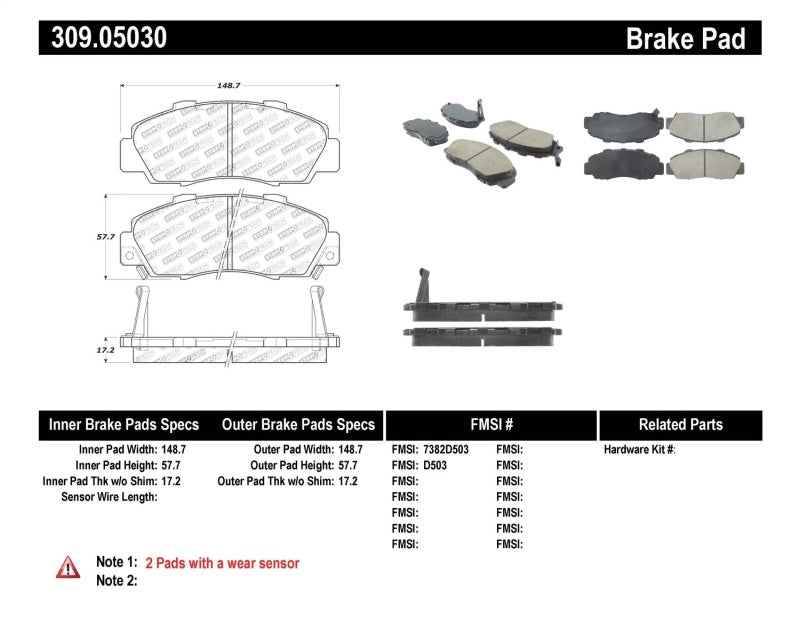 Stoptech 309.0503 Performance 97-99 fits Acura CL/ 97-01 Integra Type R/91-95 Legend/91-05 NSX Front Brake Pads