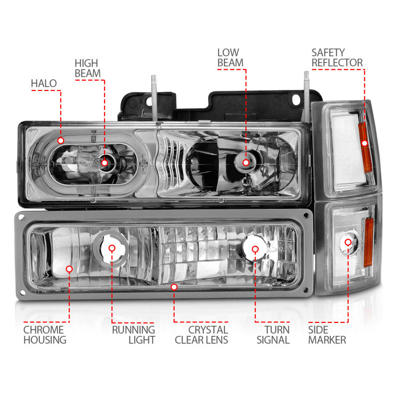 ANZO 111508 fits Chevrolet 88-98 C1500 Crystal Headlights Chrome Housing w/ Signal and Side Marker Lights