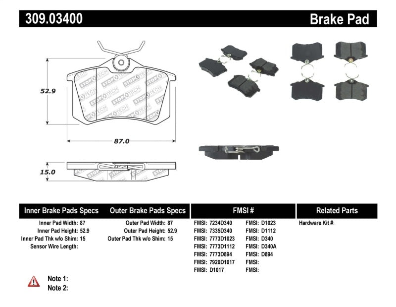 Stoptech 309.034 02-08 fits Audi A4 Quattro / 2/99-02 Audi S4 / 93-10 VW Golf GL/GLS Performance Rear Brake Pads