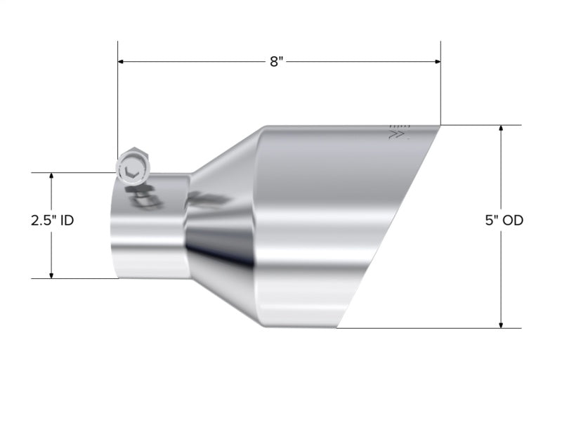 MBRP T5203 T304 SS Tip 2.5in ID, 5in OD Out, 8in Length, Angle Cut, Dual Wall