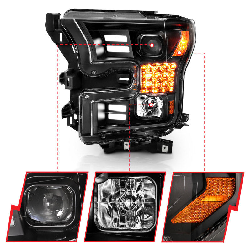 ANZO 111408 fits Ford 15-17 F-150 Project Headlights w/ Plank Style Design Black w/ Amber Sequential Turn Signal