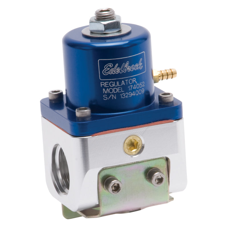 Edelbrock 174052 Fuel Pressure Regulator Carbureted 180 GPH 5-10 PSI -10 In/Out -6 Return Blue/Clear