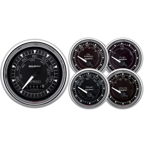 AutoMeter 9708 AutoMeter Chrono 3-3/8in & 2-1/16in Gauge Kit (5pc) w/Electric Speedometer - Chrome
