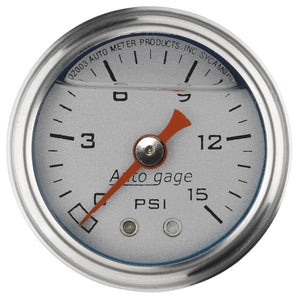 AutoMeter 2178 Autometer AutoGage 1.5in Liquid Filled Mechanical 0-15 PSI Fuel Pressure Gauge - Silver