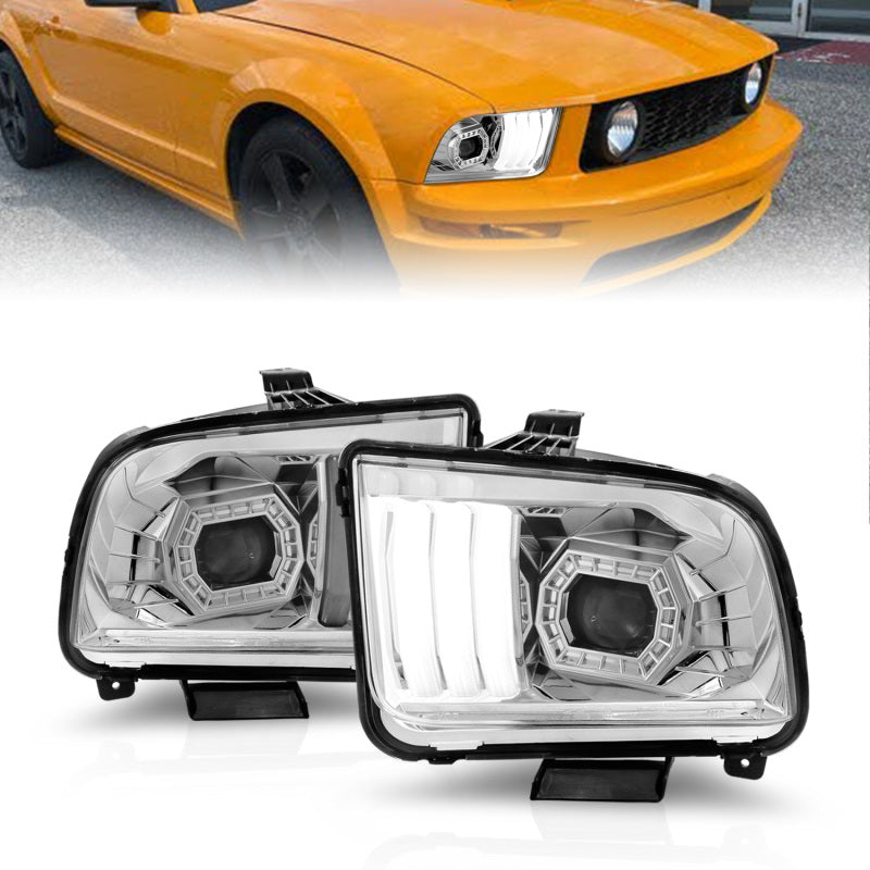 ANZO 121567 fits Ford 05-09 Mustang (w/Factory Halogen HL Only) Projector Headlights w/Light Bar Chrome Housing