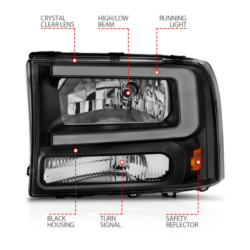 ANZO 111549 fits Ford 99-04 F250/F350/F450/Excursion (excl. 99) Crystal Headlights - w/ Light Bar Black Housing