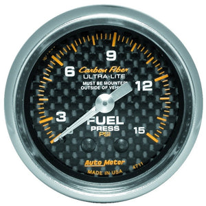 AutoMeter 4711 Autometer Carbon Fiber 52mm 15 PSI Mechanical Fuel Pressure Gauge