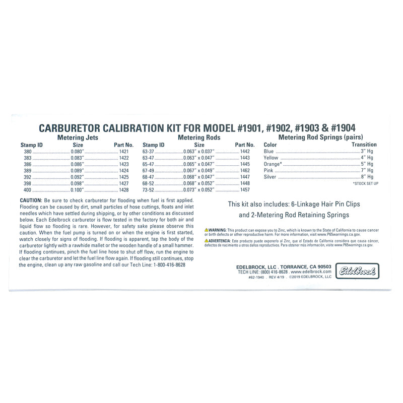 Edelbrock 1940 Calibration Kit for 1901 / 1902 / 1903 / 1904