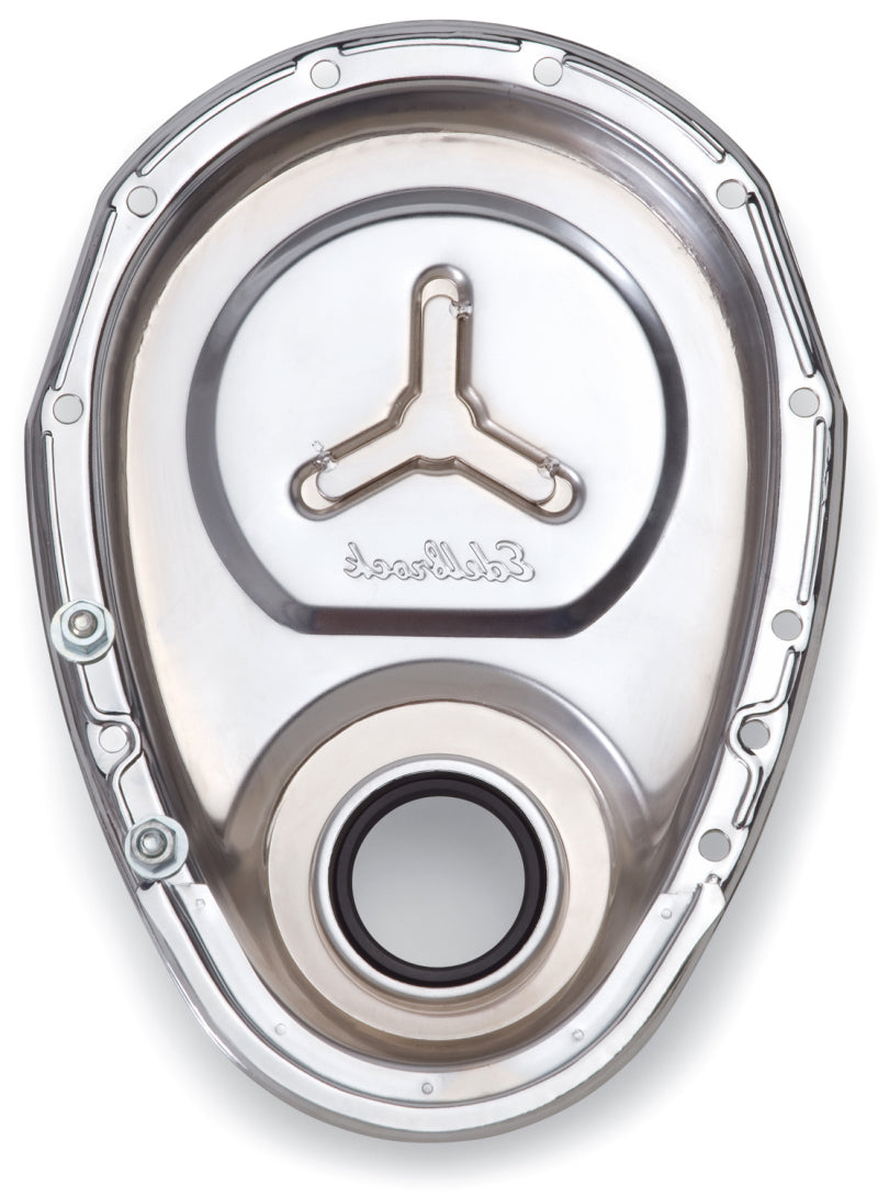 Edelbrock 4860 Timing Cover SB-fits Chevy Chrome w/ Welded Reinforcement Plate