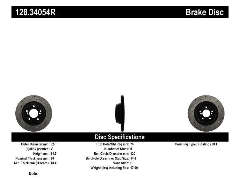 Stoptech 128.34054R 01-07 fits BMW M3 (E46) / 00-04 M5 (E39) Drilled Right Rear Rotor