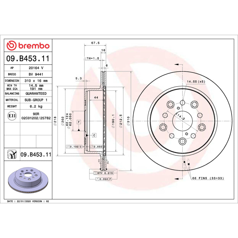 Brembo OE 09.B453.11 01-06 fits Lexus LS430 UV Coated Brake Disc - Rear