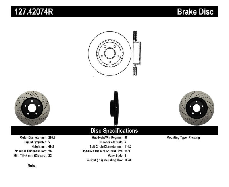 Stoptech 127.42074R 1/02-05 Infiniti G35 (alloy disc) / 6/02-05 Nissan 350Z Slotted & Drilled Right Front Rotor