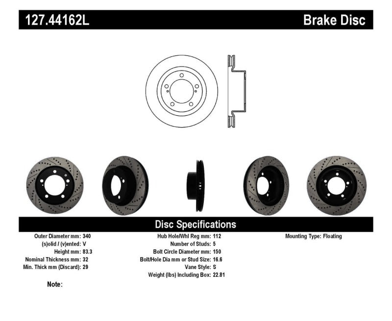 Stoptech 127.44162L Slotted & Drilled Sport Brake Rotor