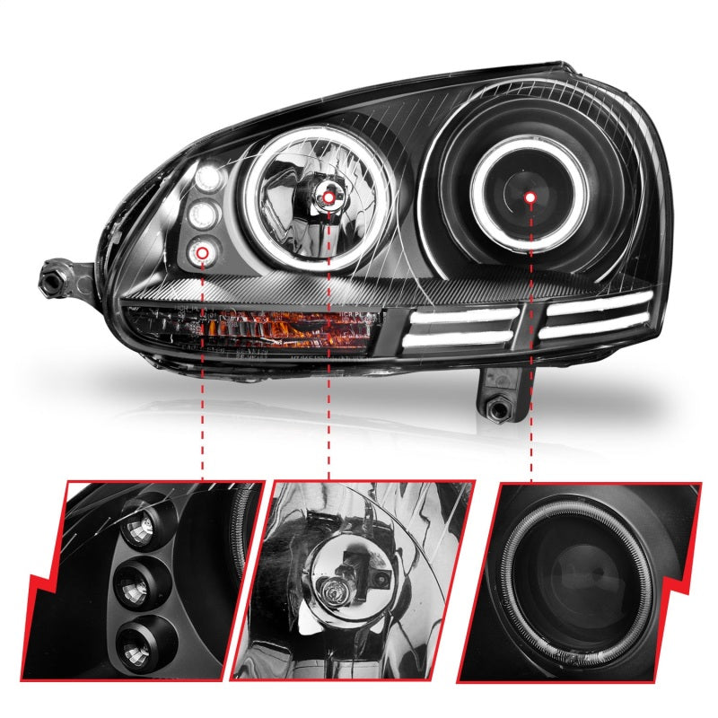 ANZO 121345 2009 fits Volkswagen 06-20 Rabbit Projector Headlights w/ Halo Black (CCFL)