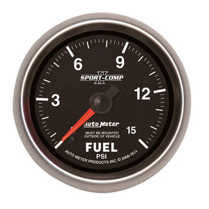 AutoMeter 7611 Autometer Sport-Comp II 2-5/8in Mechanical 15PSI Fuel Pressure Gauge