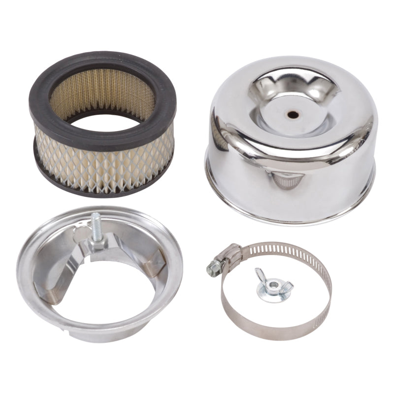 Edelbrock 1202 Air Cleaner 94 Series Round Steel Top 4 65In Dia X 3 125In 2 63In ID Raised Base Chrome