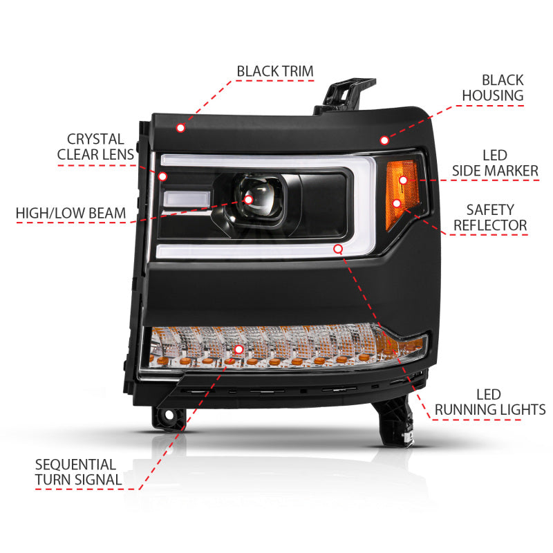 ANZO 111624A 16-18 fits Chevy Silverado1500 (Factory HID Models) LED Proj Light Bar Style Headlights Black - Pair