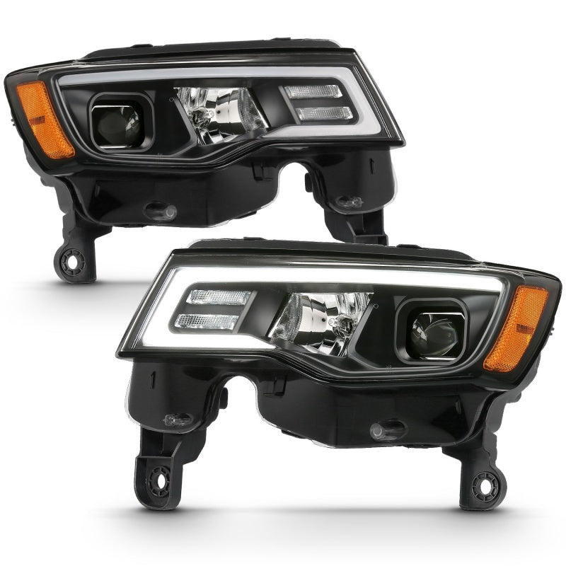 ANZO 111418 2018 fits Jeep 17-20 Grand Cherokee Projector Headlights w/ Plank Style Switchback - Black w/ Amber