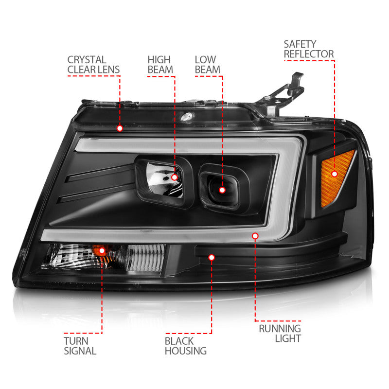 ANZO 111541 2008 fits Ford 04-20 F-150 Projector Headlights w/ Light Bar Black Housing