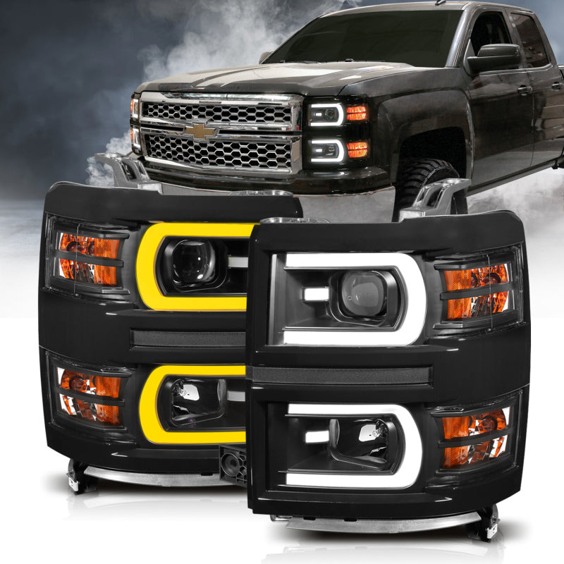 ANZO 111412 fits Chevrolet 14-15 Silverado 1500 Projector Headlights w/ Plank Style Switchback Black w/ Amber