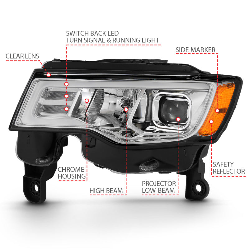 ANZO 111419 2018 fits Jeep 17-20 Grand Cherokee Projector Headlights w/ Plank Style Switchback - Chrome w/ Amber