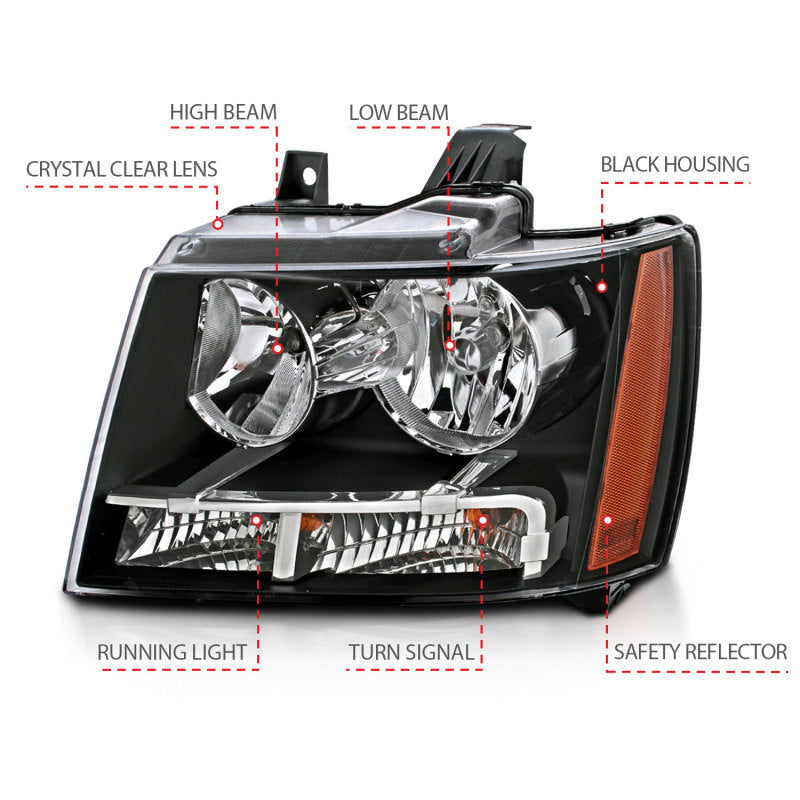 ANZO 111392 2014 fits Chevrolet 07-20 Tahoe/Suburban Crystal Headlights Black