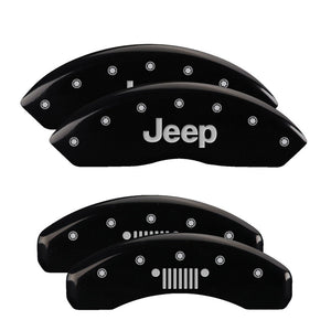 MGP 42018SJPLBK 4 Caliper Covers Engraved Front fits Jeep Rear Grill Logo Black