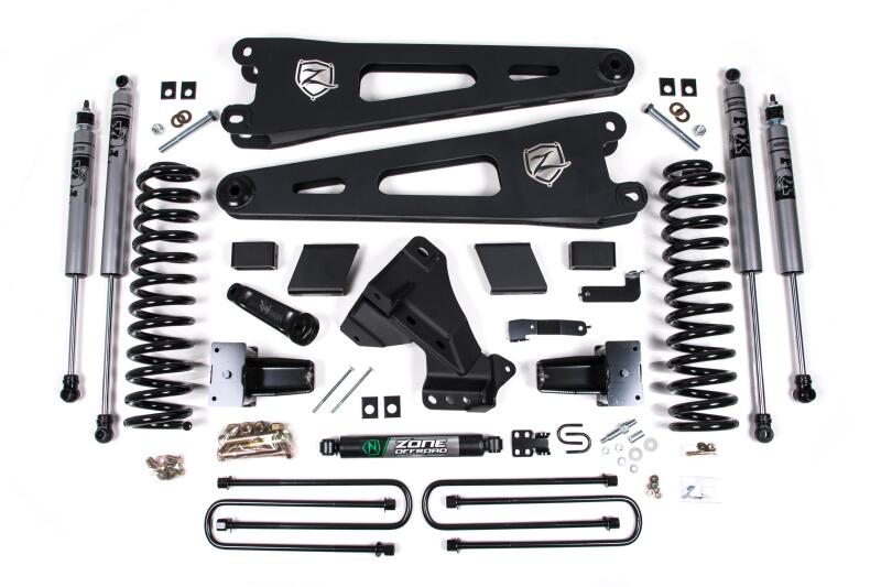 Zone Offroad ZONF127F 23-26 fits Ford F250/F350 4WD 7in Radius Arm Susp. Lift Kit 4.5in Rear - Adv. Series Shocks