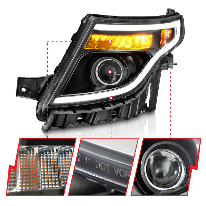 ANZO 111575 fits Ford 11-15 Explorer (w/Factory Halogen HL Only) Projector Headlights w/Light Bar Black Housing