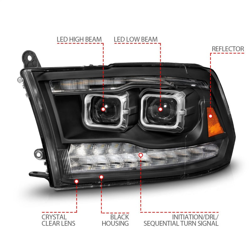 ANZO 111595 fits Dodge 09-18 Ram 1500/2500/3500 Full LED Proj Headlights w/Switchback Light Bar - Black