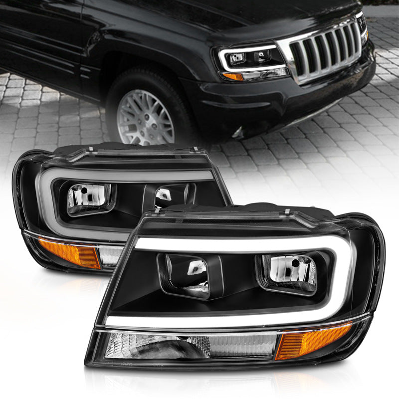 ANZO 111537 fits Jeep 99-04 Grand Cherokee Crystal Headlights - w/ Light Bar Black Housing