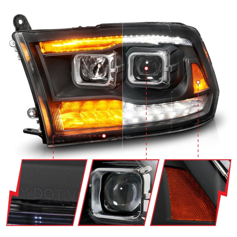 ANZO 111611 fits Dodge 09-18 Ram 1500/2500/3500 Proj HL Headlights Switchback + Sequential - Black Amber