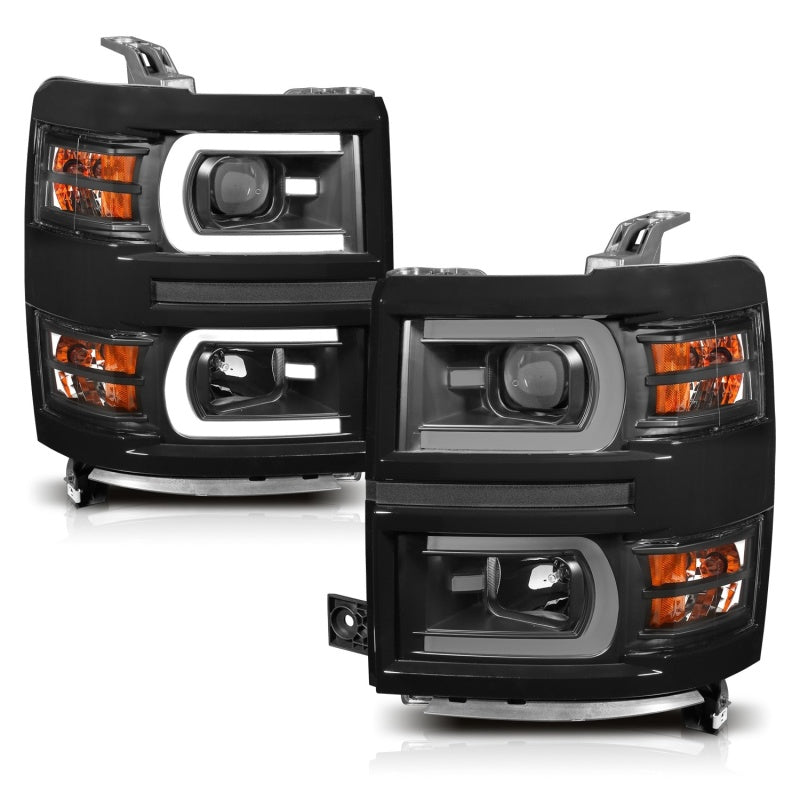 ANZO 111412 fits Chevrolet 14-15 Silverado 1500 Projector Headlights w/ Plank Style Switchback Black w/ Amber