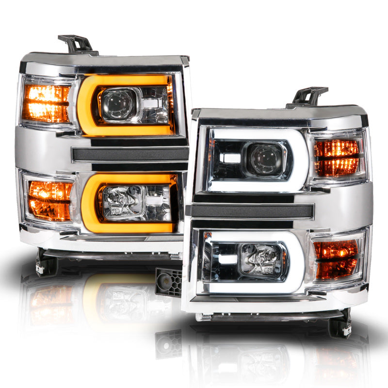 Anzo 111618 14-15 fits Chevy Silverado 1500 Chrome Dual Switchback+Sequential LED Tube Sq. Projector Headlights